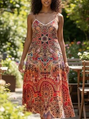 Printed Spaghetti Strap Maxi Dress in Rust Multi